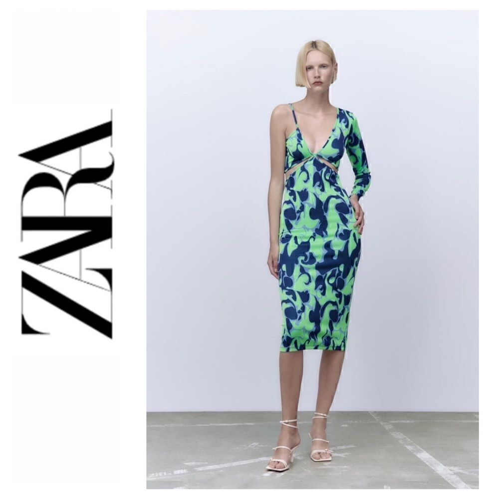 NWOT Zara Green & Blue Cutout Asymmetric Jacquard Dress, Size Medium